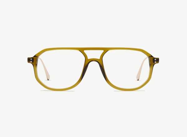 Front view of a pair of eyeglasses called the Explorer in Olive