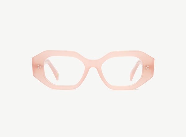 Front view of a pair of eyeglasses called the Rockstar in Flamingo