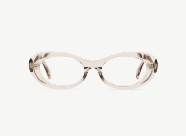 Front view of a pair of eyeglasses called the Oracle in Nude