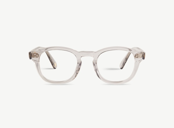 Front view of a pair of eyeglasses called the Optimist in Smoke