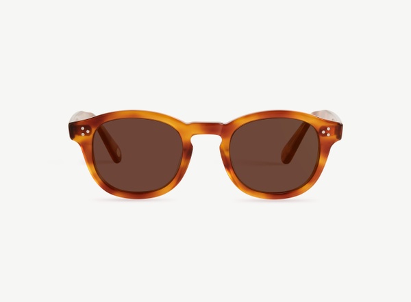 Front view of a pair of eyeglasses called the Optimist in Honey