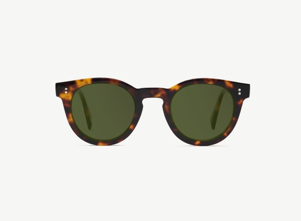 Front view of a pair of eyeglasses called the Messenger in Tortoise