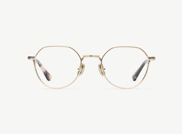 Front view of a pair of eyeglasses called the Scholar in Rose Gold